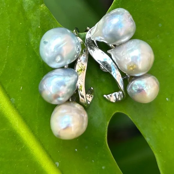 Vintage silver 925 mid century Japan 3 high luster Gray baroque Pearls Earrings